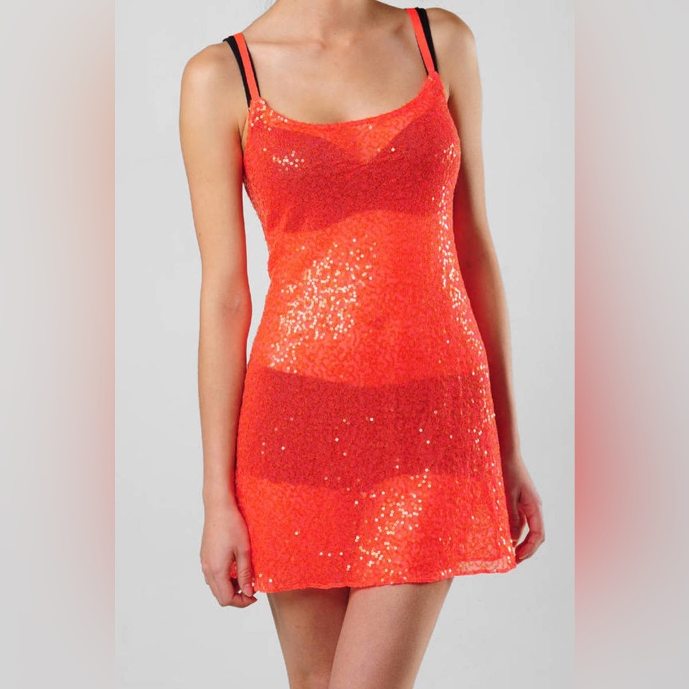 Free People Intimately Sheer Sequin Cami Slip Dress Neon Coral Orange Size S